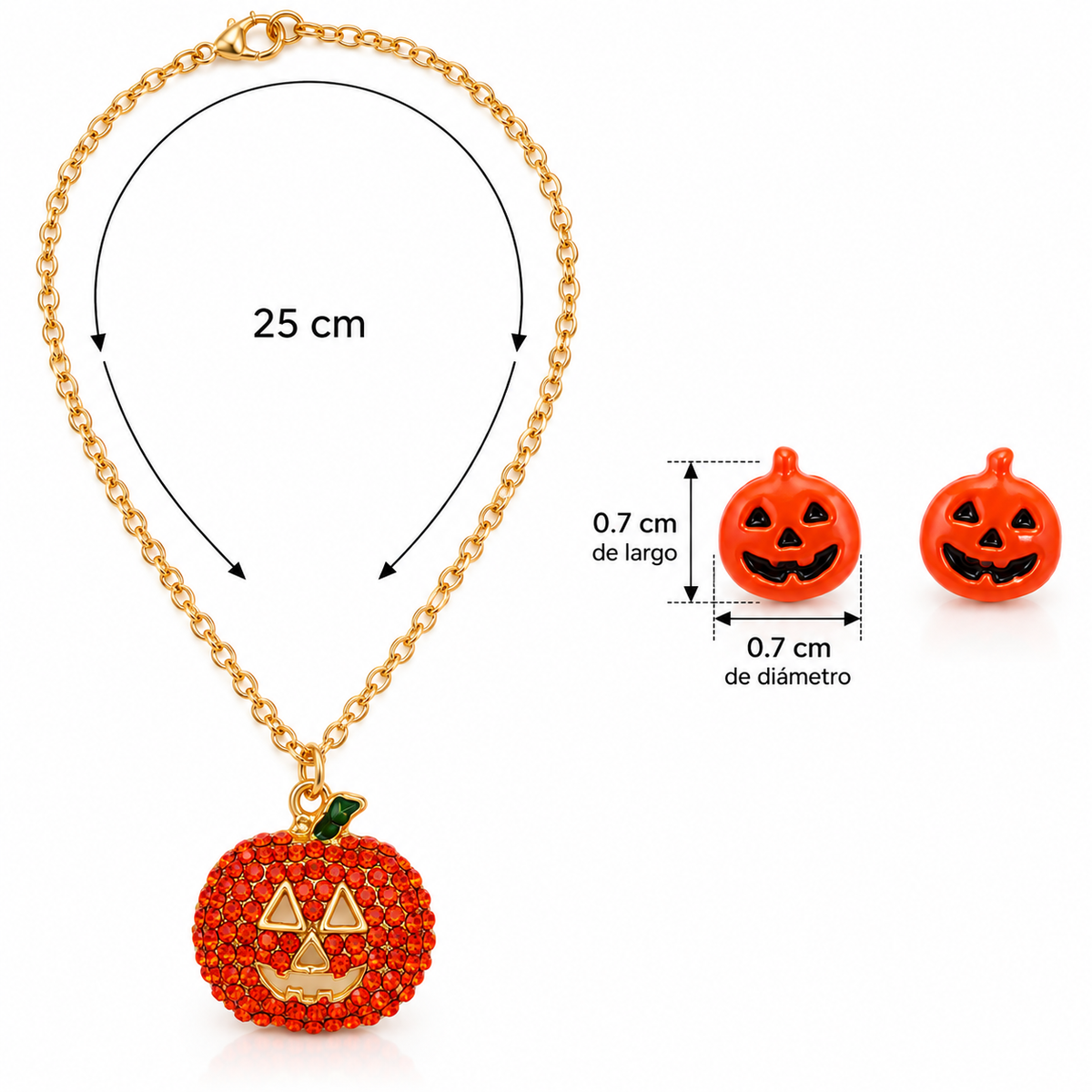 H149 Conjunto collar y aretes calabaza hallowen aleacion