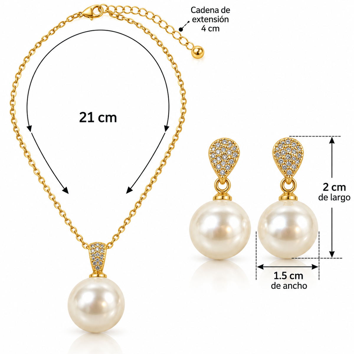 C029 Conjunto collar y aretes perla y circonia acero inoxidable