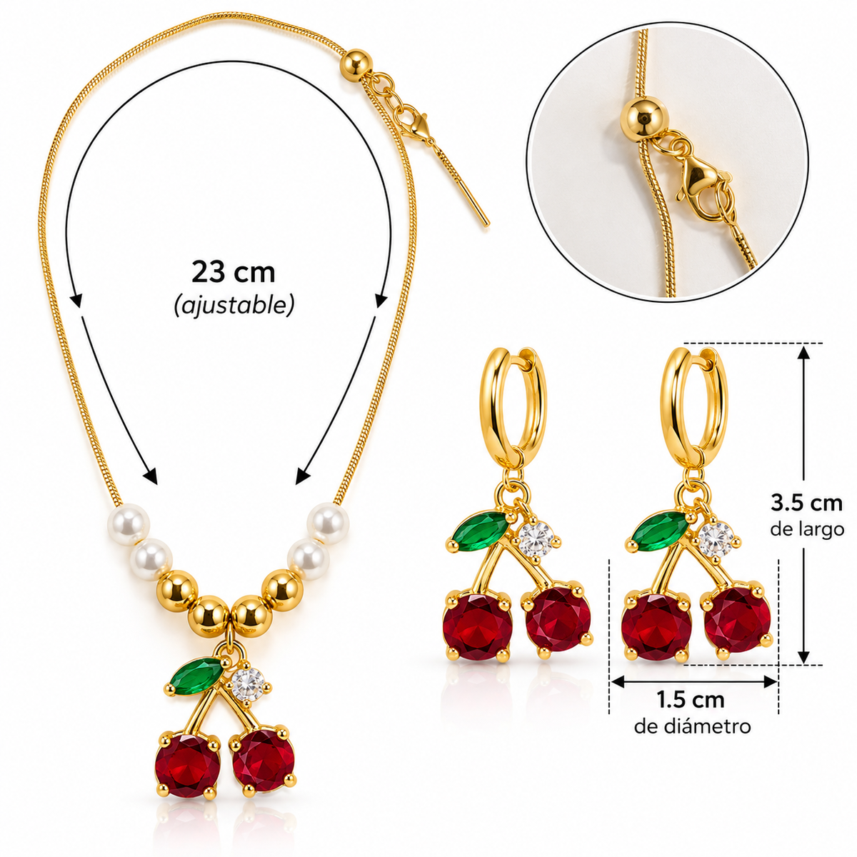 C030 Conjunto cadena y aretes cereza cobre chapado en oro 18k