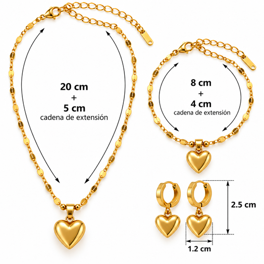 C034 Conjunto collar pulsera y aretes corazon de acero inoxidable