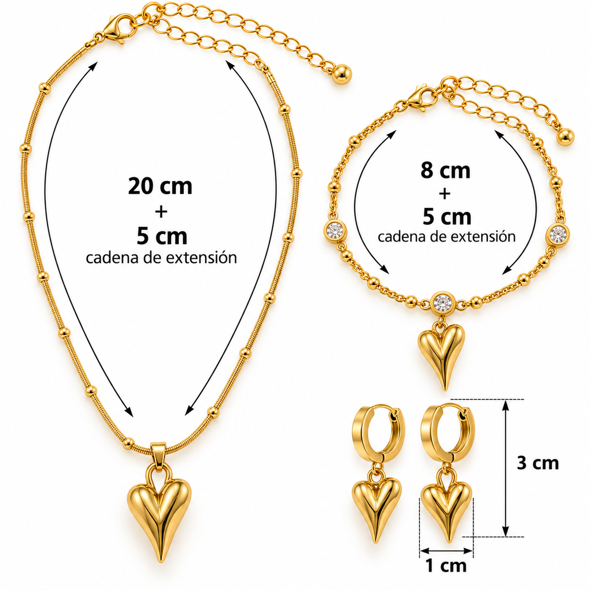 C037 Conjunto corazones collar pulsera y aretes de acero i