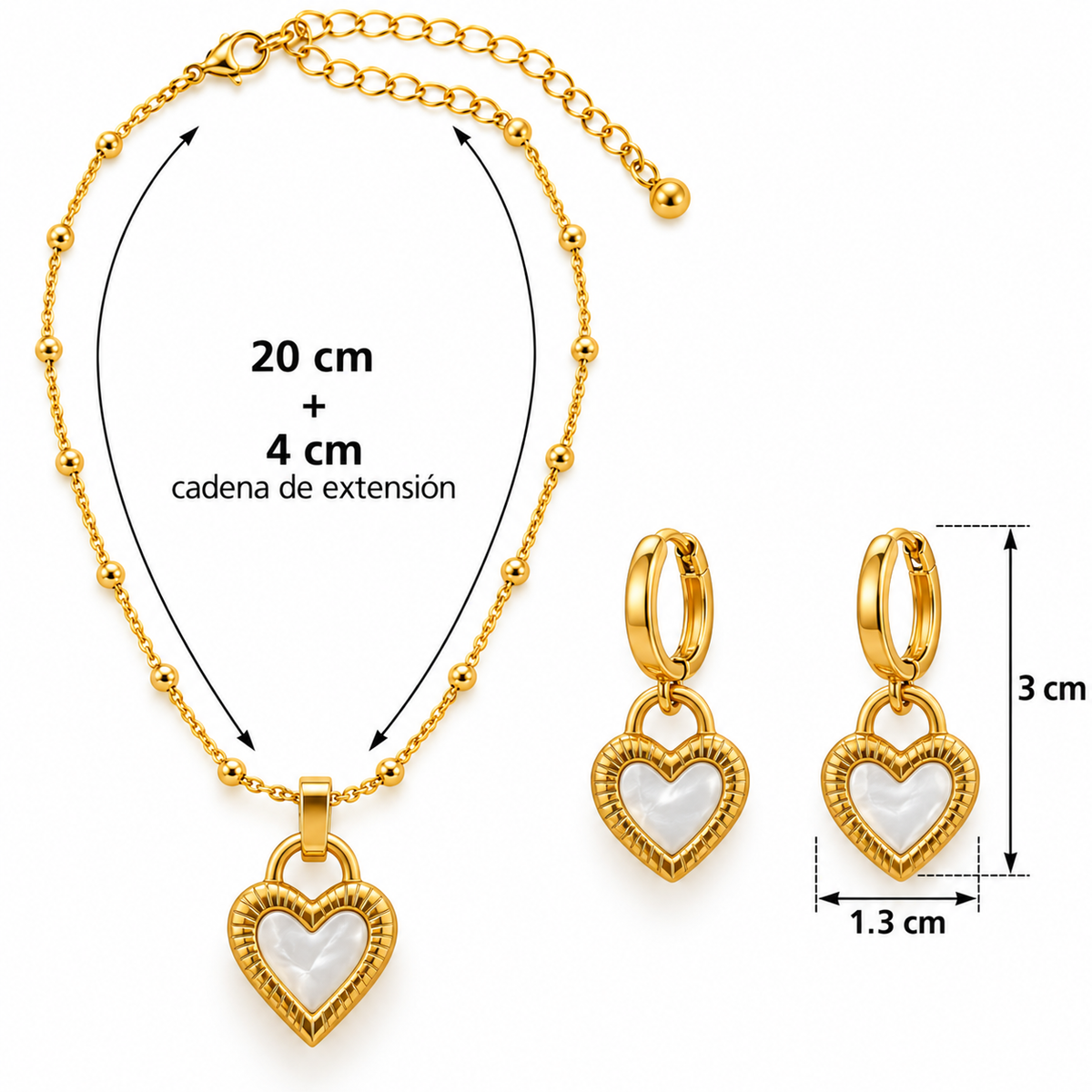 C038 Conjunto corazones collar y arracadas de acero inoxidable