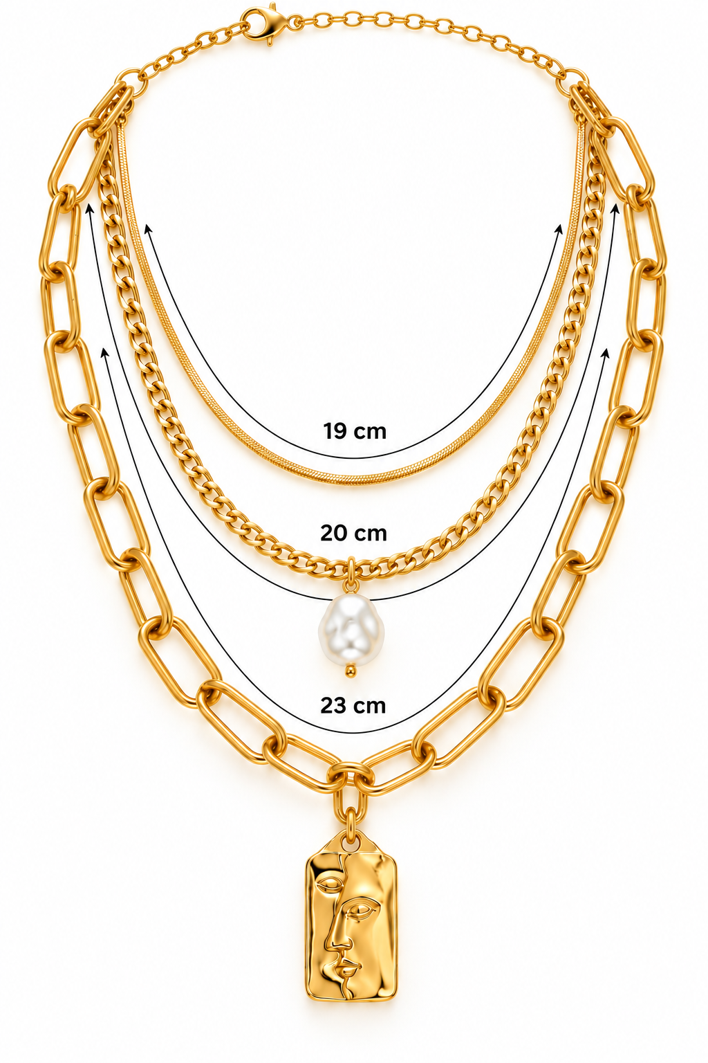C041 Collar 3 cadenas juntas con dije rostro acero inoxidable 304