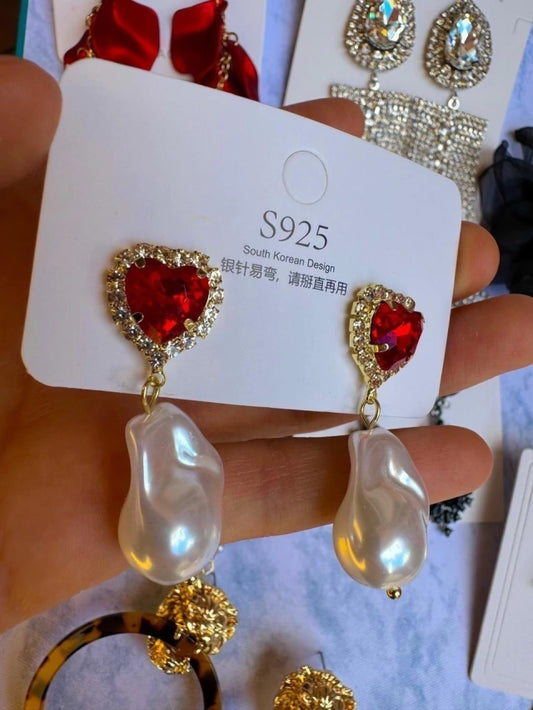 E1642R Aretes Corazón Cristal Perla Poste De Plata