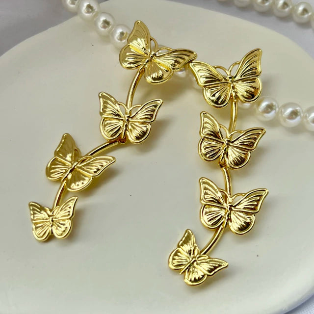 E1594 Aretes Mariposas Doradas Chapa De Oro Aleación