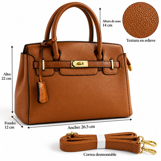 Bolsa color caramelo de tacto muy suave, textura granulada y detalles tipo cocodrilo en asas y tira frontal. Herrajes dorados y correa desmontable incluida.