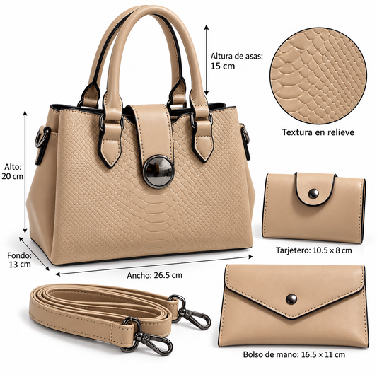 Bolsa beige de tacto muy suave y textura en relieve. Incluye correa desmontable, tarjetero y bolsita tipo sobre a juego.