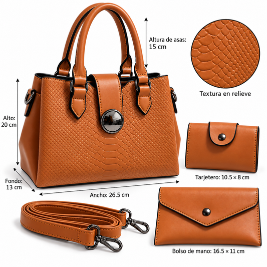 Bolsa color camel de tacto muy suave y textura en relieve. Incluye correa desmontable, tarjetero y bolsita tipo sobre a juego.