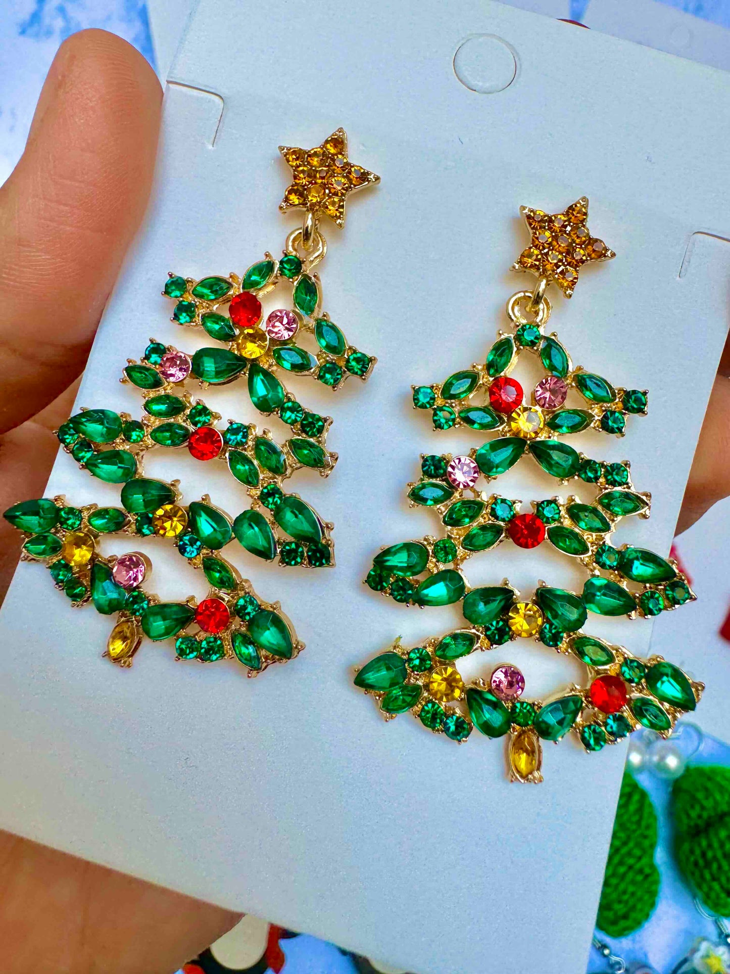 2234 Aretes árbol navidad incrustación cristal hermoso  5.5 cm largo brillante