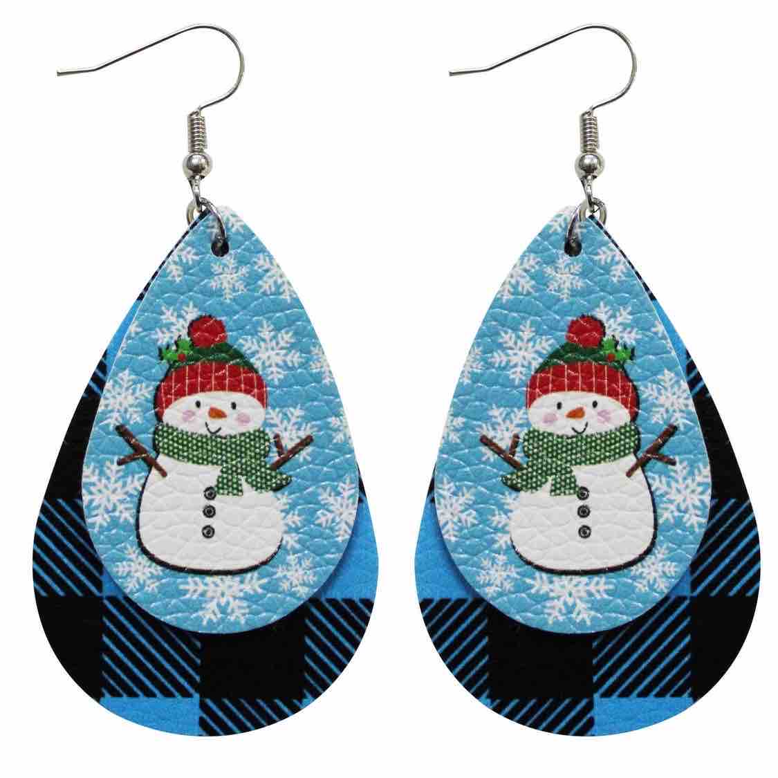 E806 Aretes muñeco de nieve navideños cuero sintético ligeros 7cm