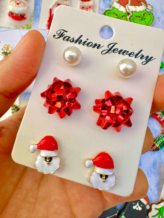 E585 set aretes navideños incluye 3 pares 1.5cm