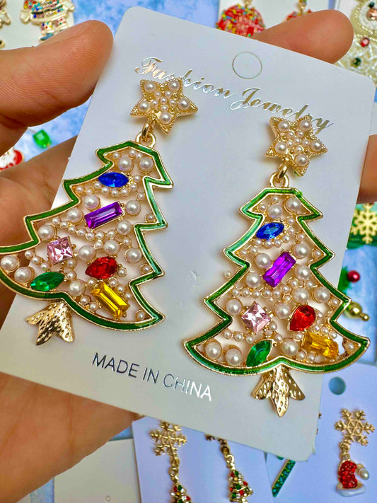 E659 Aretes pino navideño perlas cristal 6cm hermosos