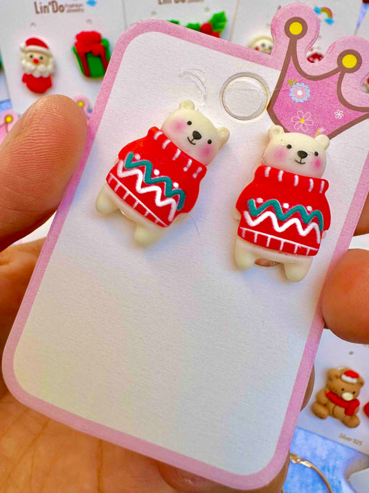 E744 Aretes oso navideño resina ligeros de presión 2.5cm son de presión