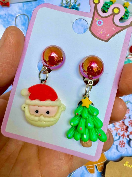 JY81 Aretes Clip Santa Claus Árbol Navidad resina 4cm