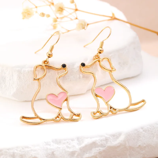 E3107 Aretes silueta perro corazon rosa aleacion largo 5cm