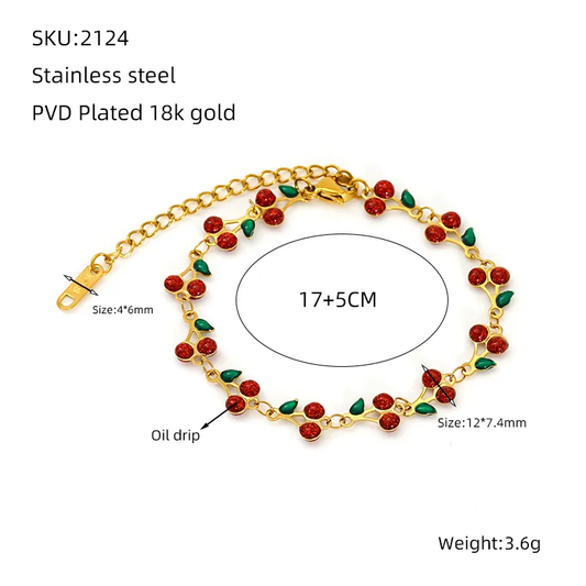 J551 Pulsera cerezas rojas acero inoxidable 22cm