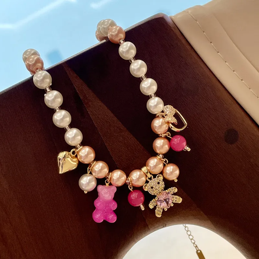 J556 Collar perlas cristal ositos 22cm