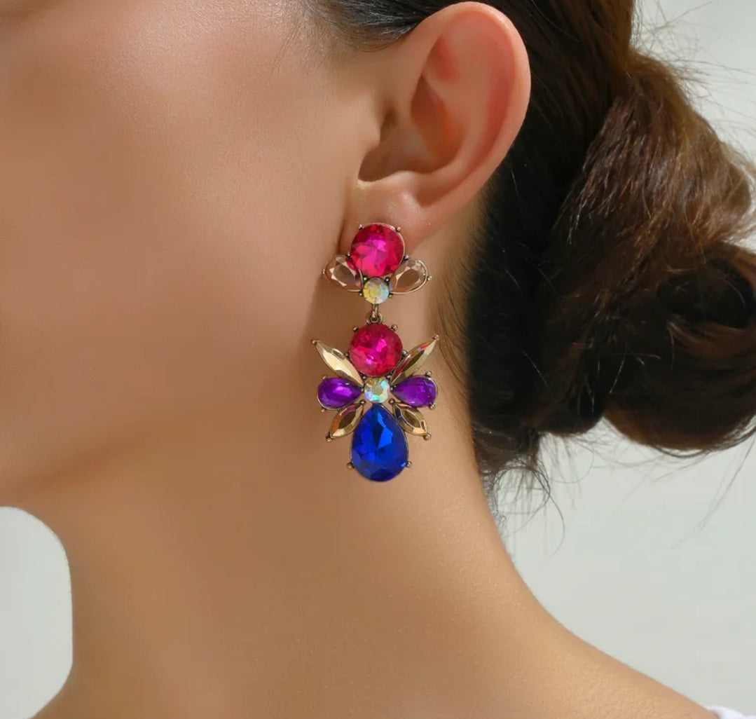 E3109C Aretes flor cristal colorido aleacion largo 6cm