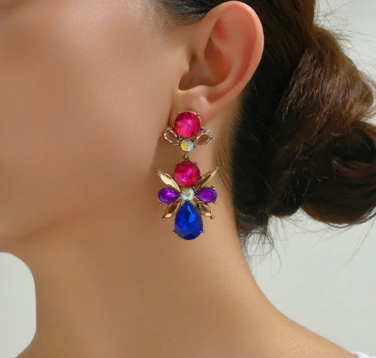 E3109C Aretes flor cristal colorido aleacion largo 6cm