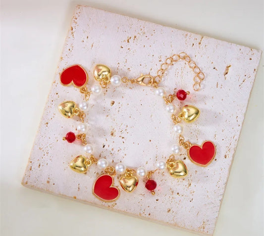 B345 Pulsera corazones rojos aleacion 21.5cm
