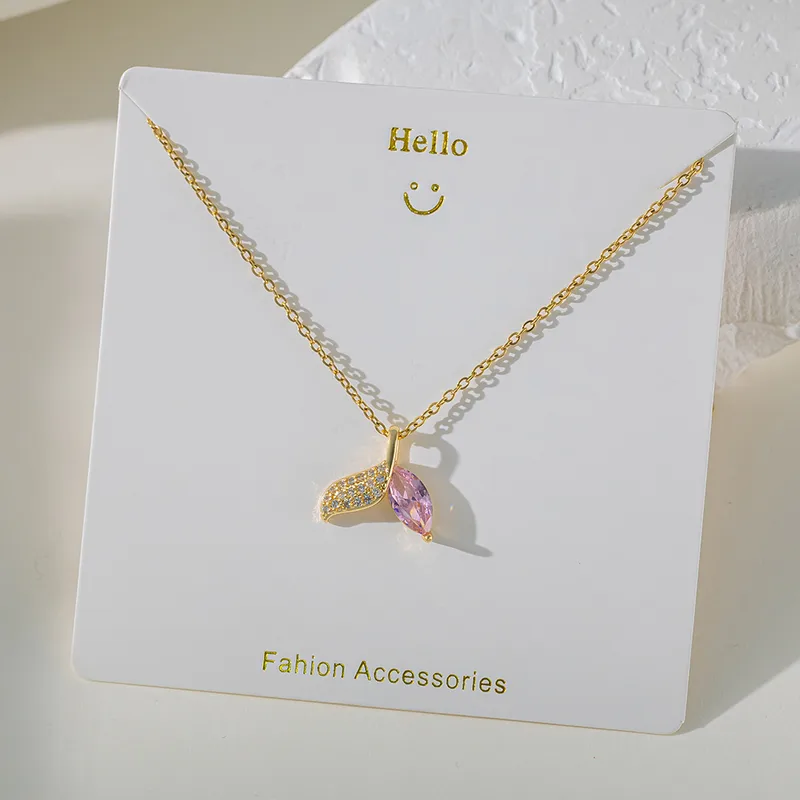 J535 Collar cola de pez dorado cristal rosa acero inoxidable chapado en oro 18k largo 20.5cm dije 1cm