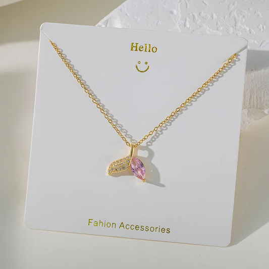 J535 Collar cola de pez dorado cristal rosa acero inoxidable chapado en oro 18k largo 20.5cm dije 1cm