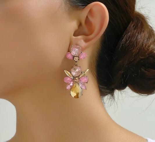 E3109R Aretes flor cristal rosa aleacion largo 6cm