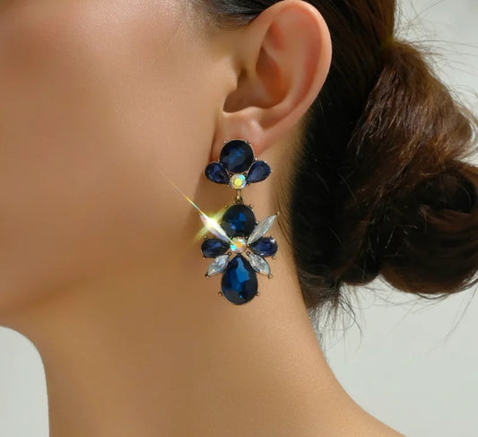 E3109A Aretes flor cristal azul aleacion largo 6cm